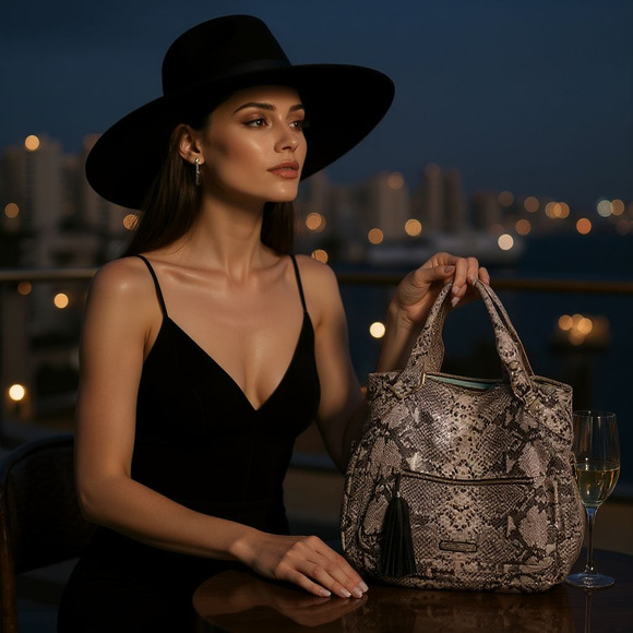 Cynthia Rowley Black Gray Snakeskin print all Leather bag With Shoulder Strap - Picture 1 of 16